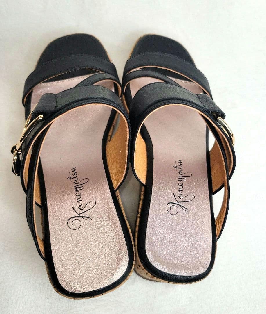 【銀座かねまつ】ウェッジミュールサンダル 黒 24.5cm 未使用品