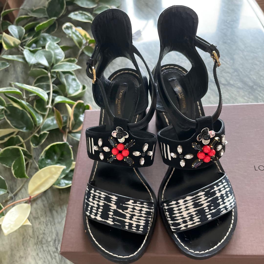 LOUIS VUITTON ヒール サンダル 39 LV ビジュー 保存袋 箱