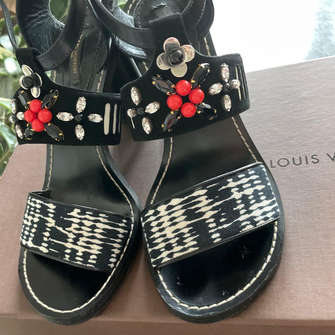LOUIS VUITTON ヒール サンダル 39 LV ビジュー 保存袋 箱