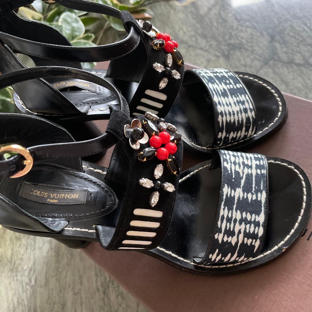 LOUIS VUITTON ヒール サンダル 39 LV ビジュー 保存袋 箱