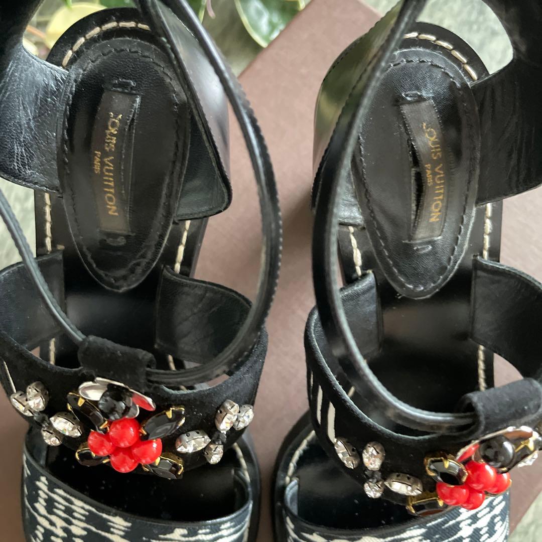 LOUIS VUITTON ヒール サンダル 39 LV ビジュー 保存袋 箱