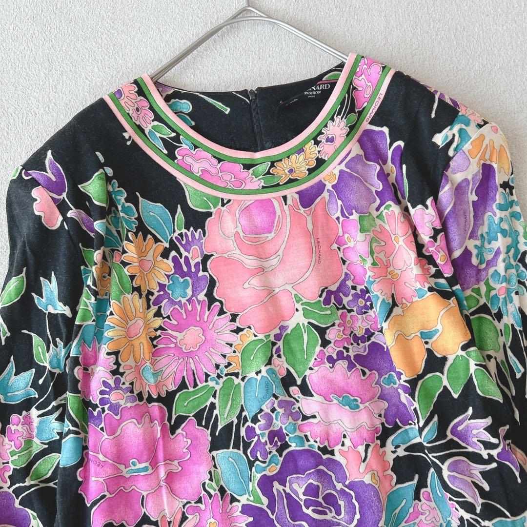 美品✨LEONALD　ブラウス　長袖　ウール×シルク　花柄　トリム　黒　M