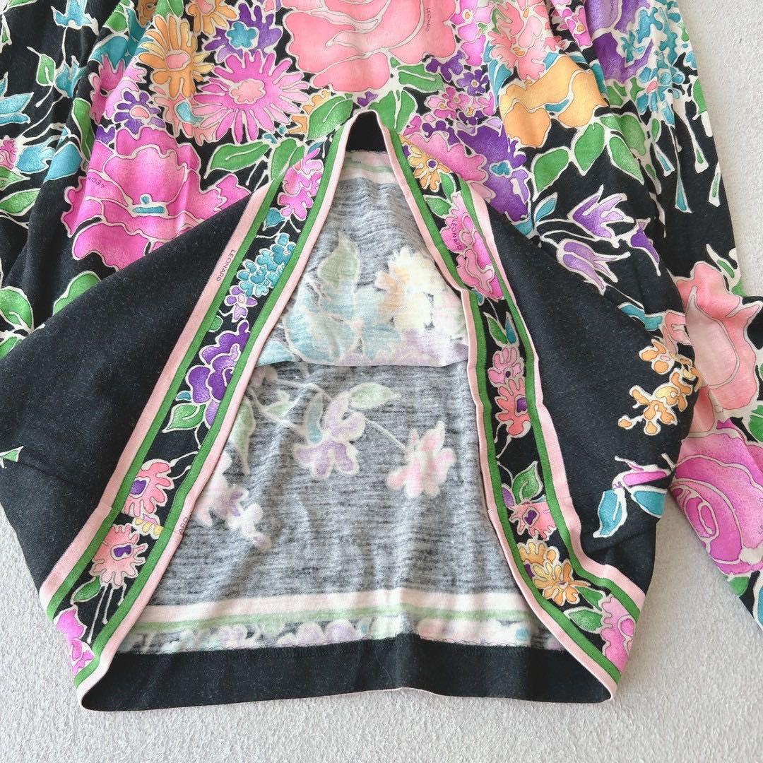 美品✨LEONALD　ブラウス　長袖　ウール×シルク　花柄　トリム　黒　M