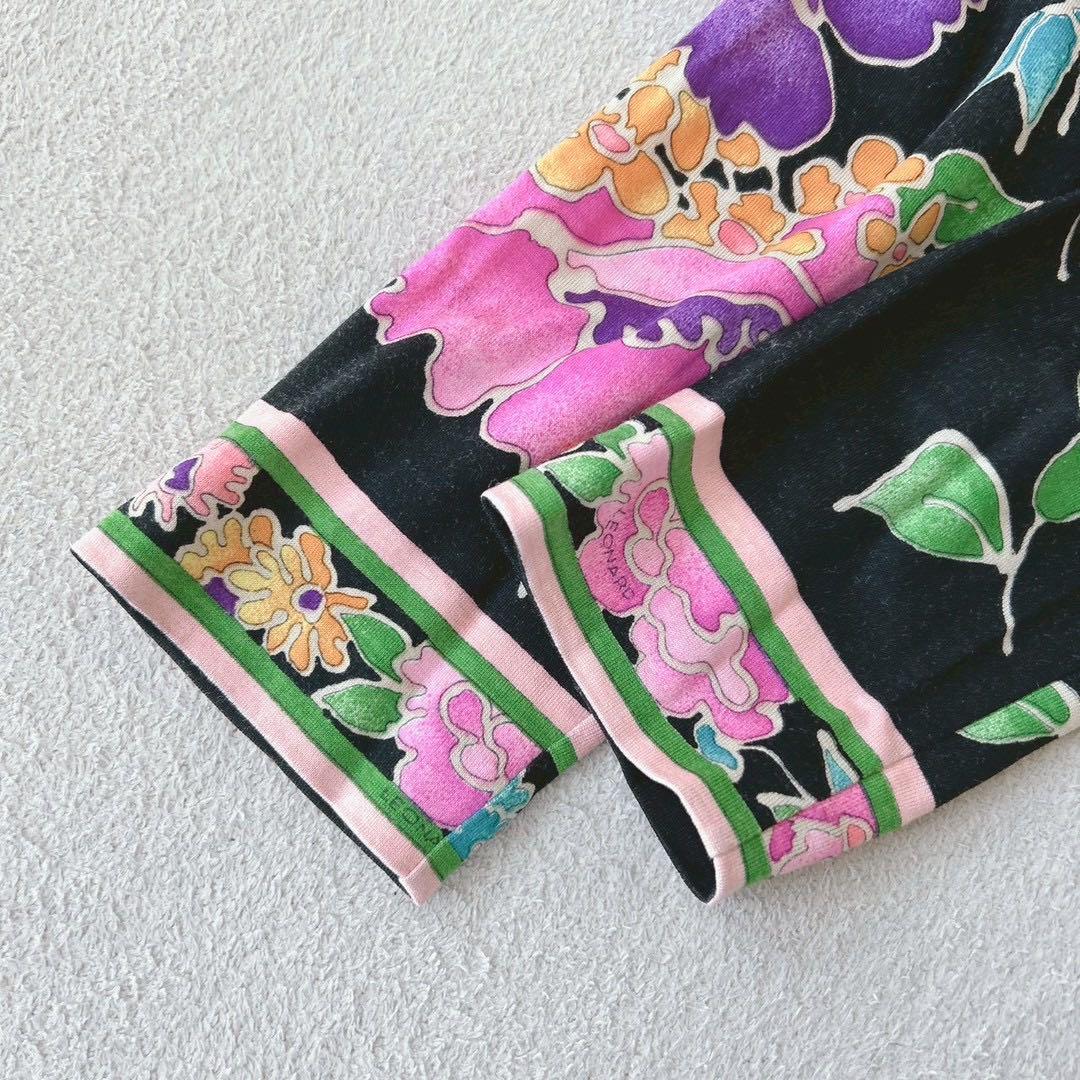 美品✨LEONALD　ブラウス　長袖　ウール×シルク　花柄　トリム　黒　M