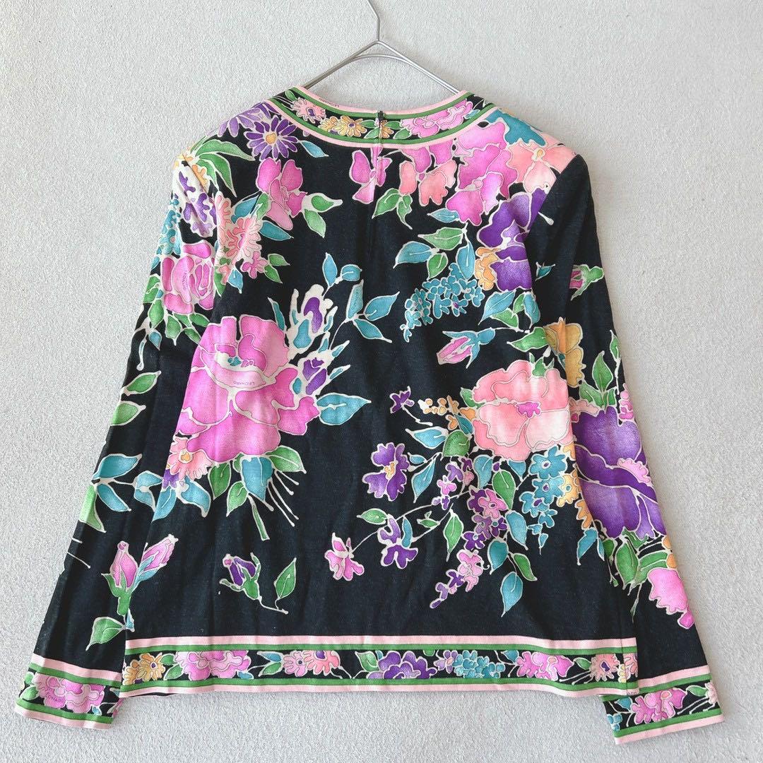 美品✨LEONALD　ブラウス　長袖　ウール×シルク　花柄　トリム　黒　M