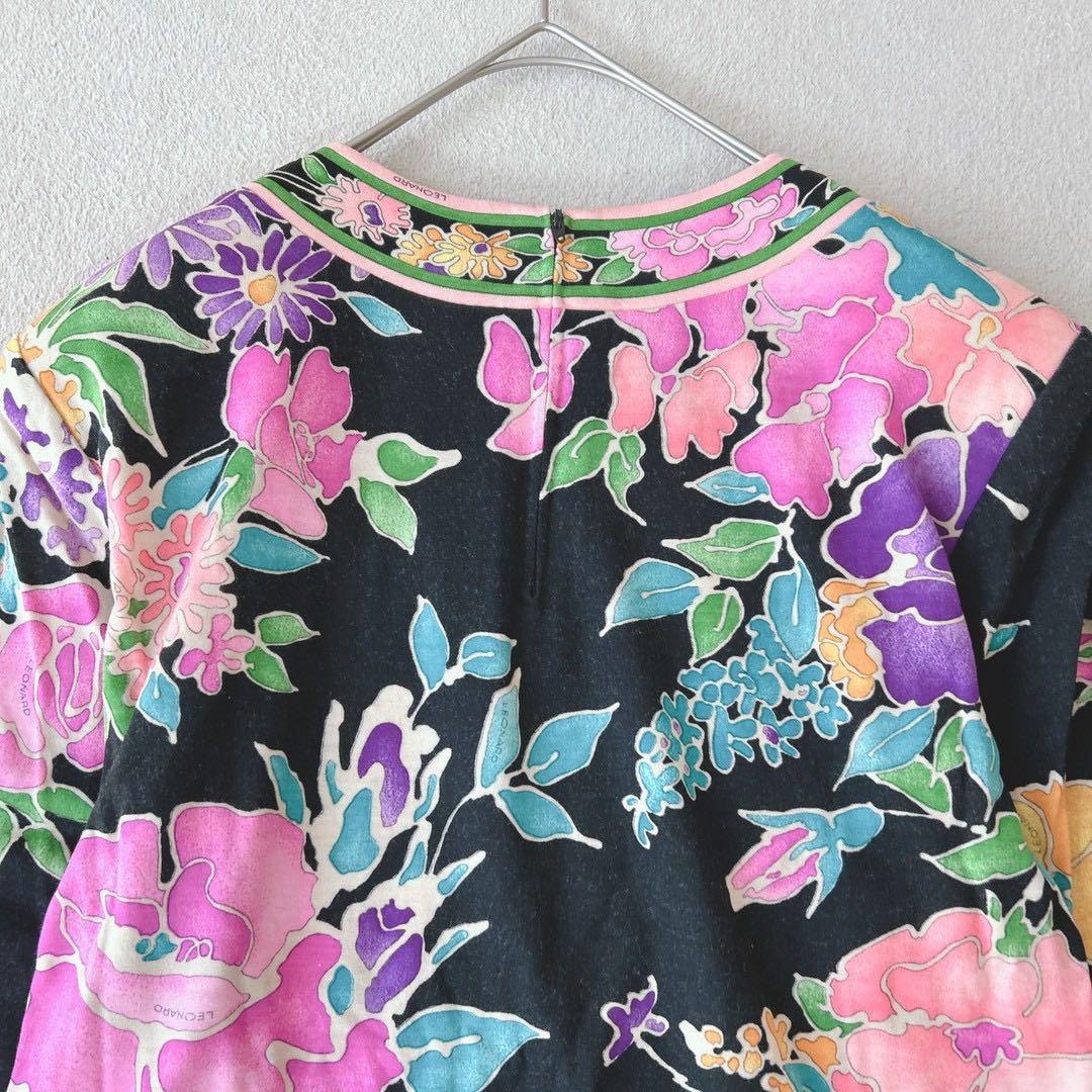 美品✨LEONALD　ブラウス　長袖　ウール×シルク　花柄　トリム　黒　M