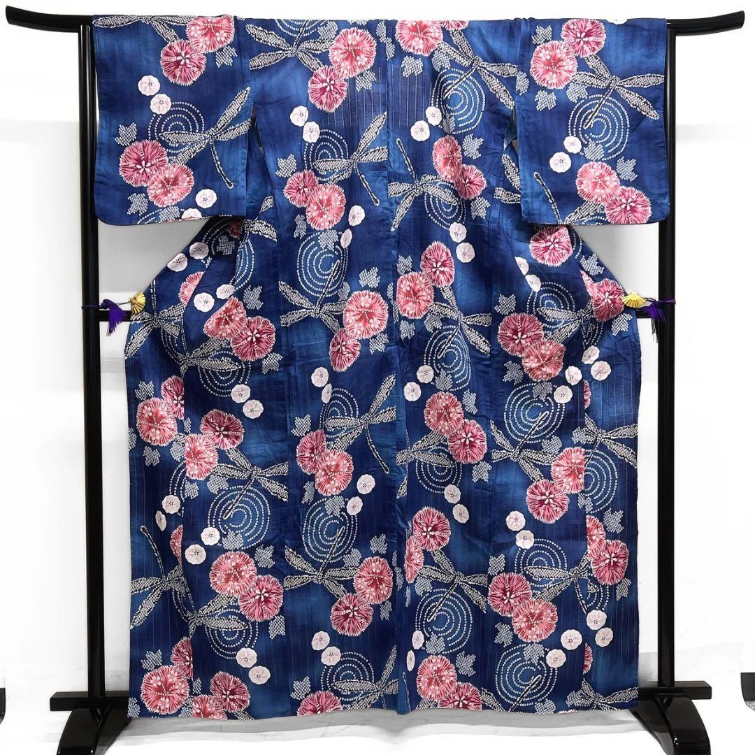 浴衣　綿絽　蜻蛉　朝顔　桜　鹿の子　水波紋　着物　074a d