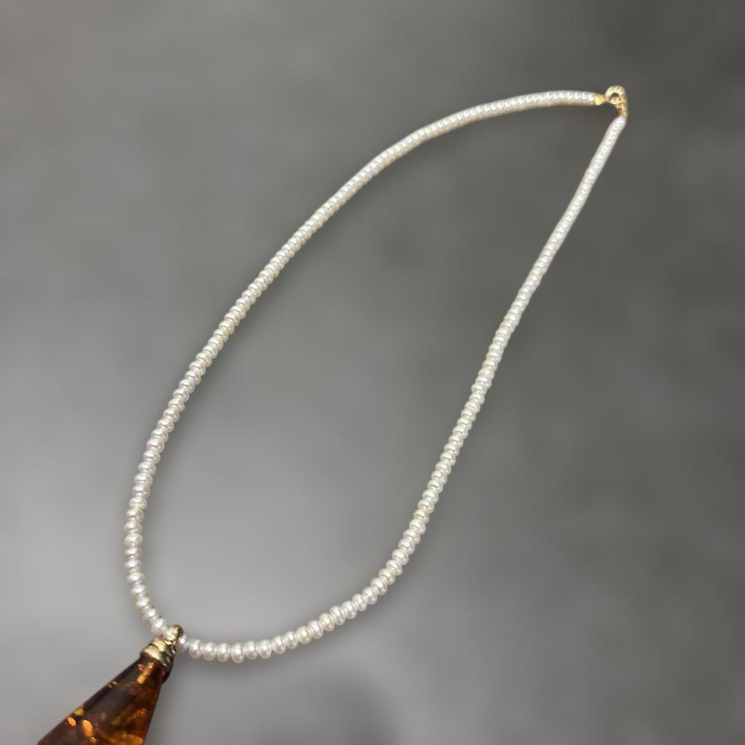 淡水パール ネックレス 琥珀 アンバー ペンダントトップ K18