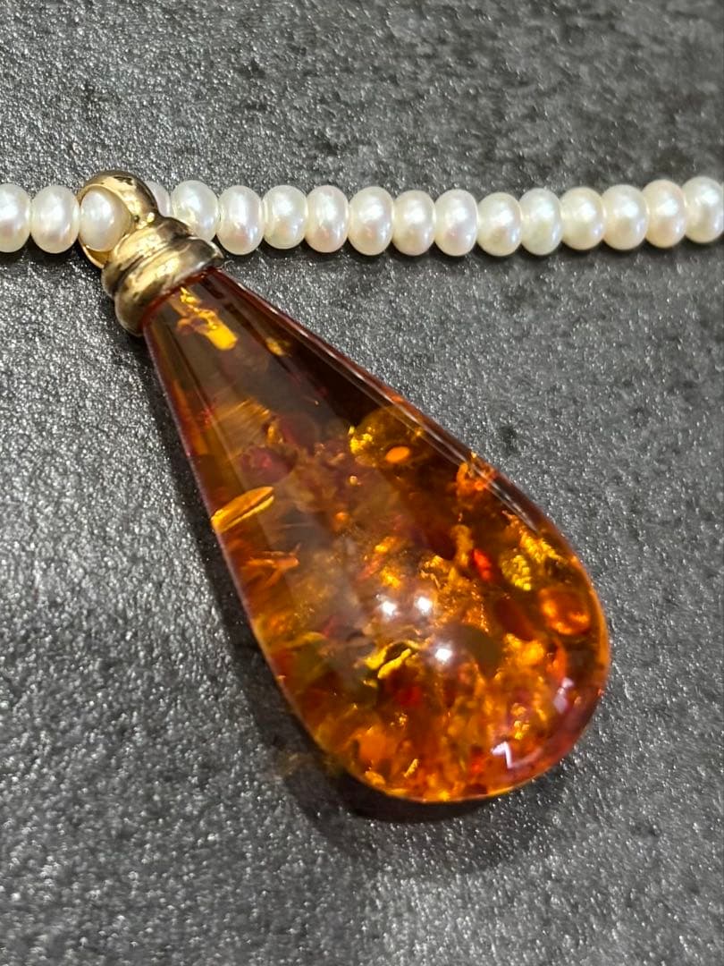 淡水パール ネックレス 琥珀 アンバー ペンダントトップ K18