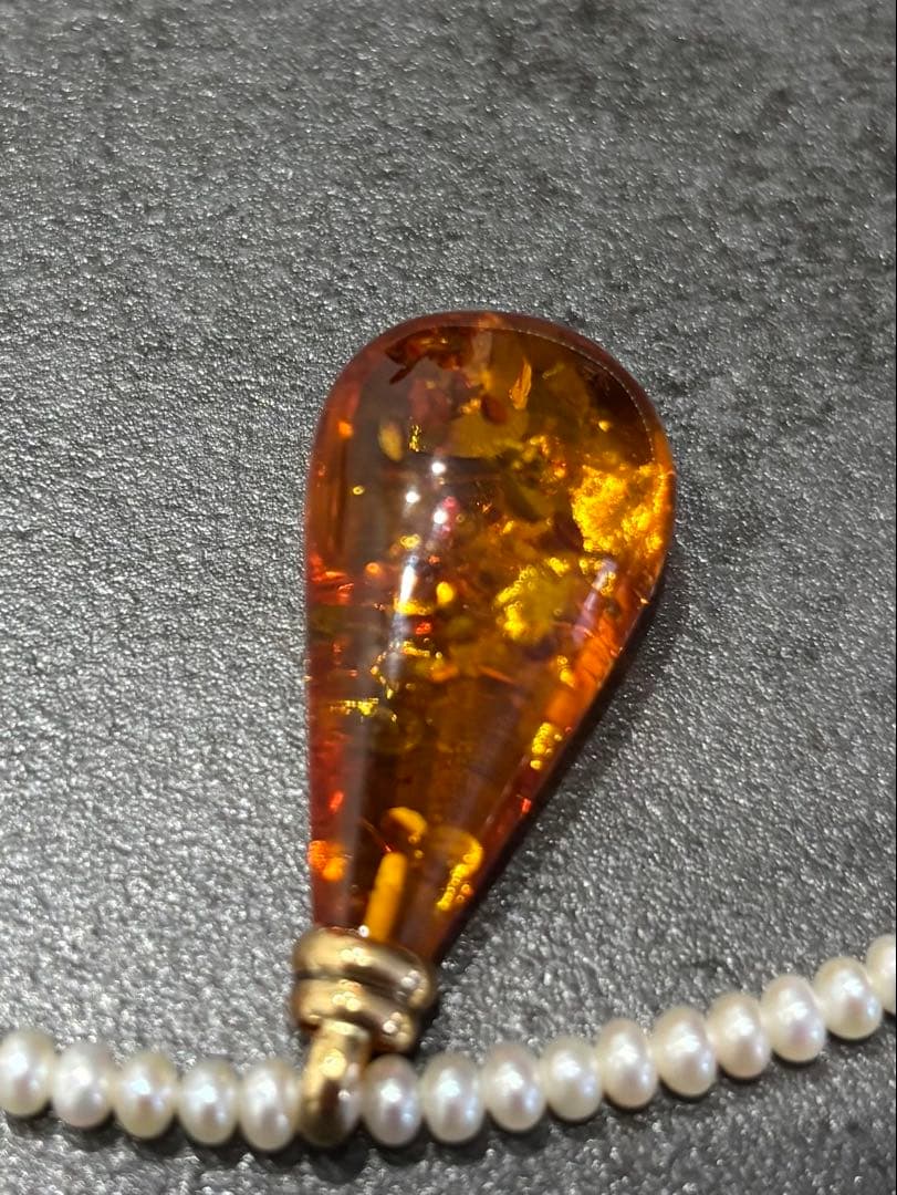 淡水パール ネックレス 琥珀 アンバー ペンダントトップ K18