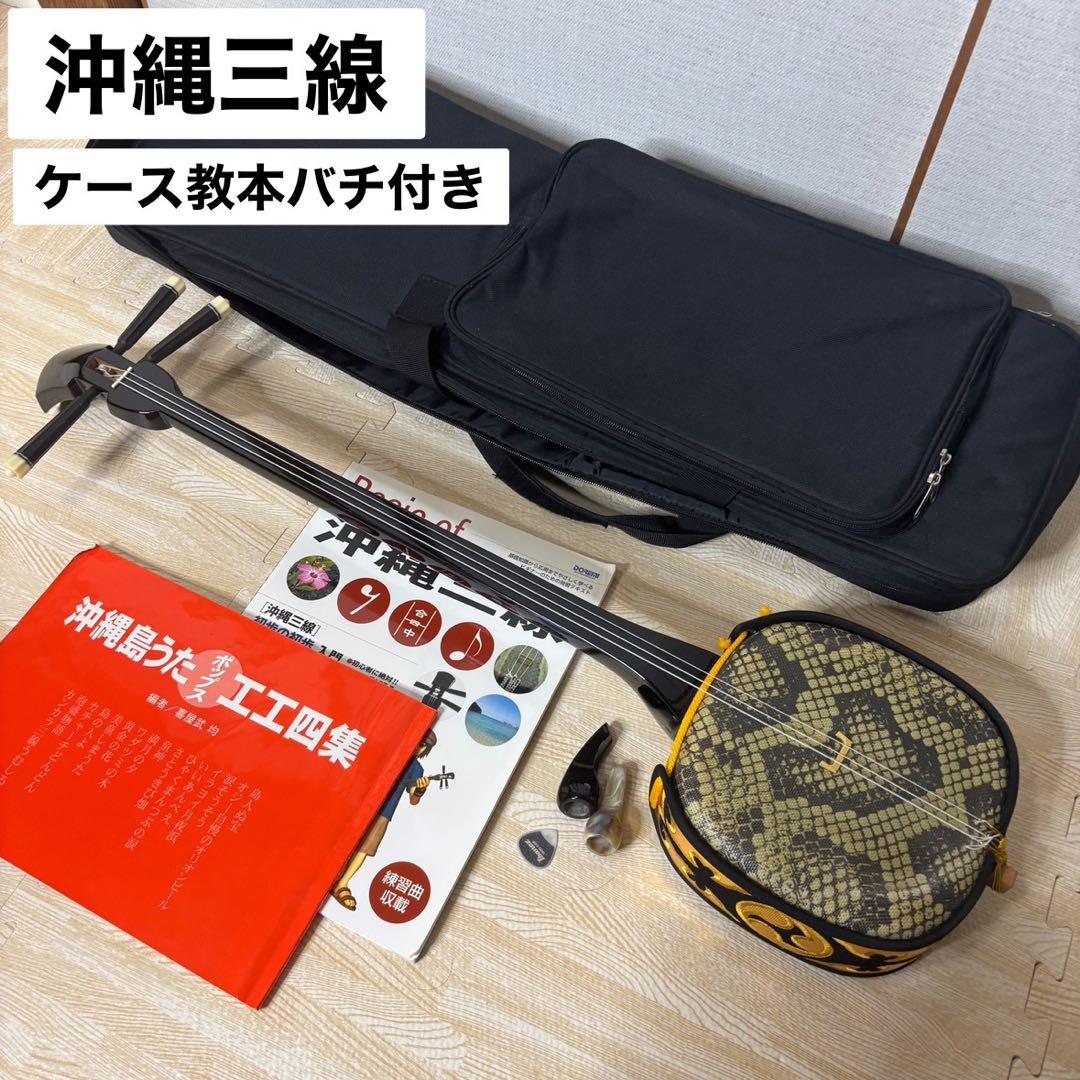 沖縄三線 人工皮 蛇柄 弦楽器 教本 バチ ケース付き 入門　初心者向