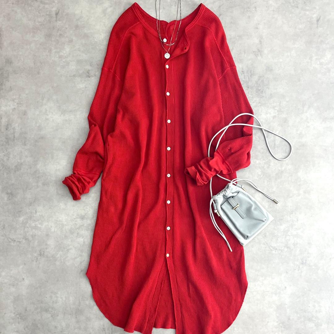 アメリカーナ ロングワンピース サーマル ワッフル ヘンリーネック 2WAY 赤