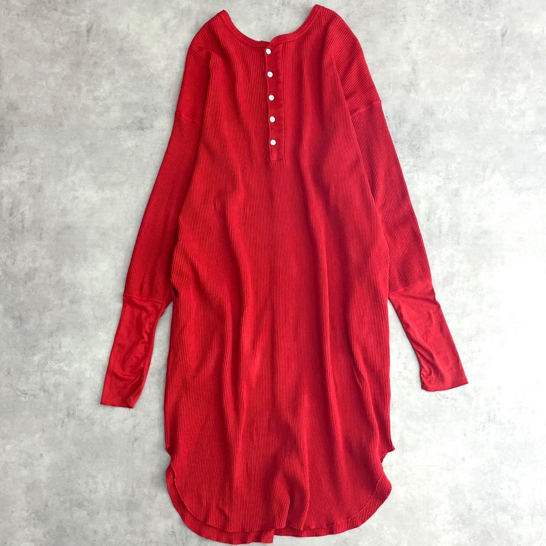 アメリカーナ ロングワンピース サーマル ワッフル ヘンリーネック 2WAY 赤