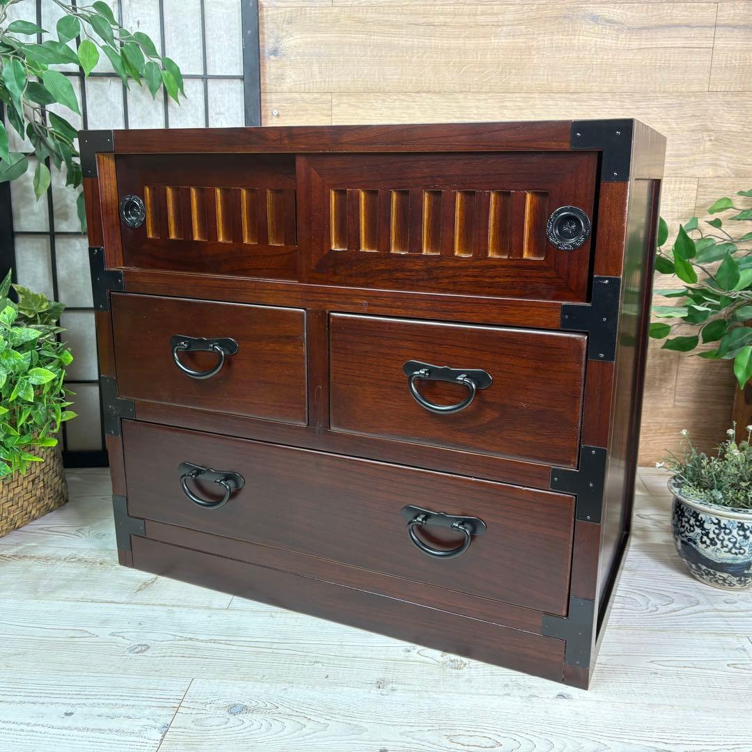 訳あり品！【104】民芸木製桐材天然無垢和箪笥引き戸付き収納家具和タンス飾り棚