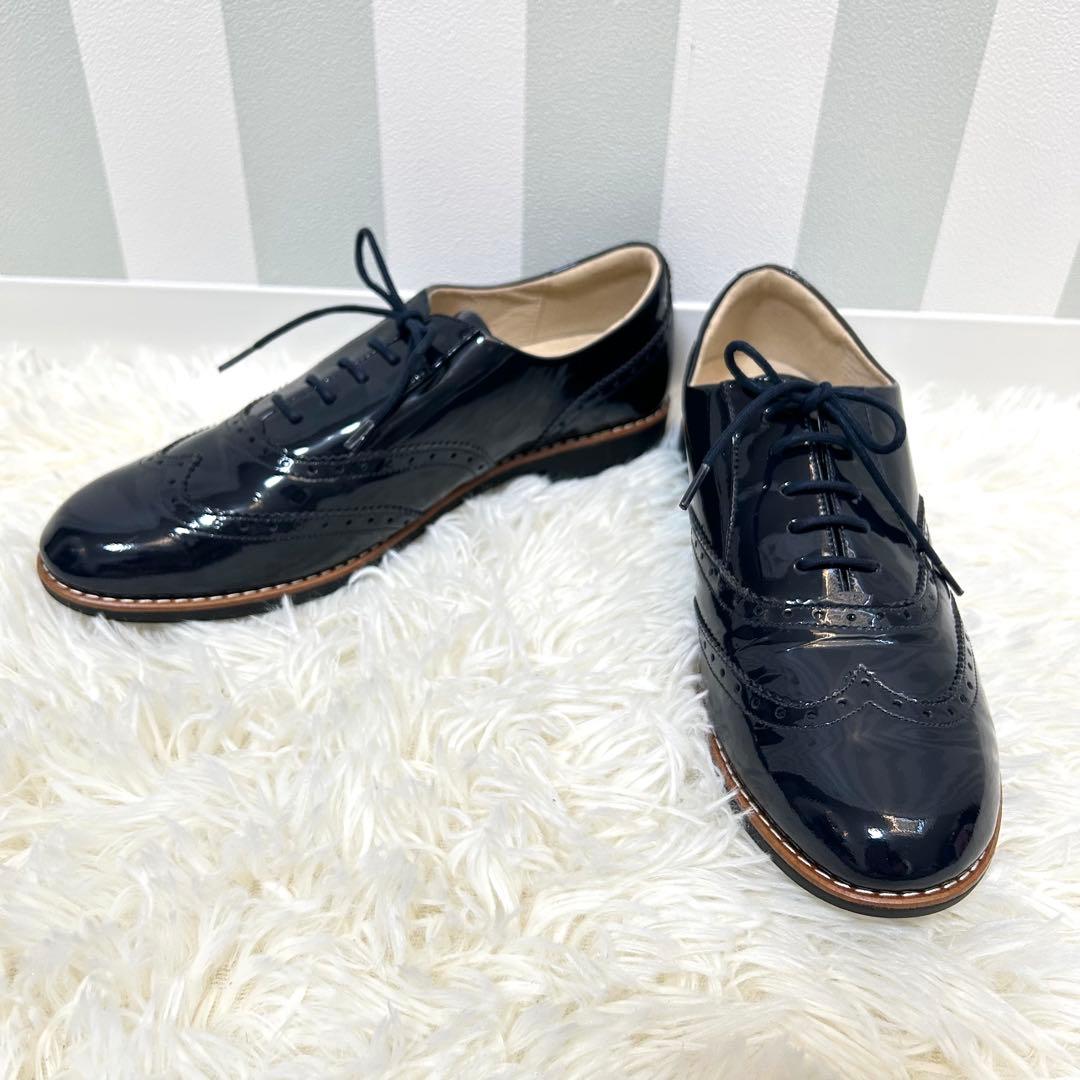 未使用級　アシックスペダラ　エナメルウィングチップシューズ　ネイビー　24.5