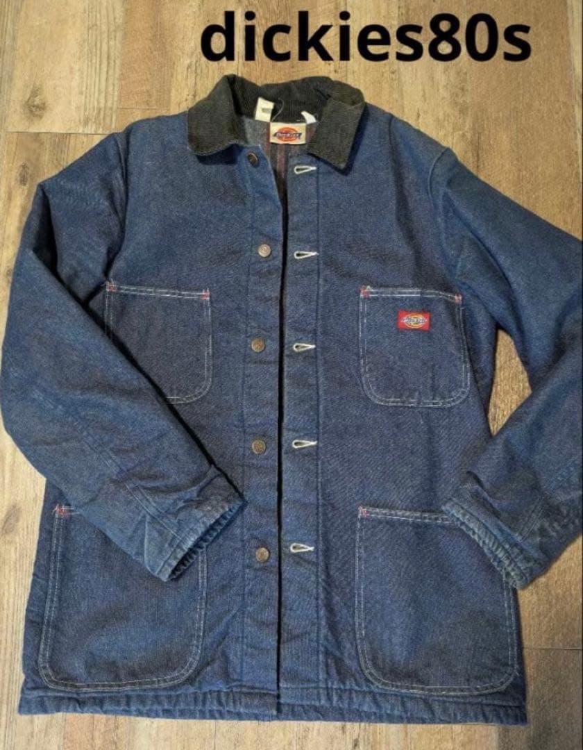 ビンテージ　80s古着　DICKIES　デニムカバーオール　サイズ38 赤リブ