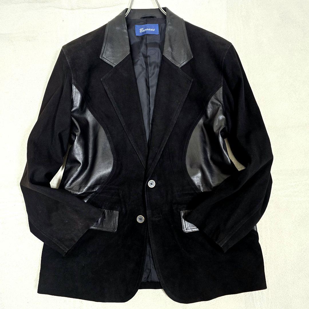 希少 Burrone レザー×スウェード切替ジャケット 黒 ドローコード付 XL