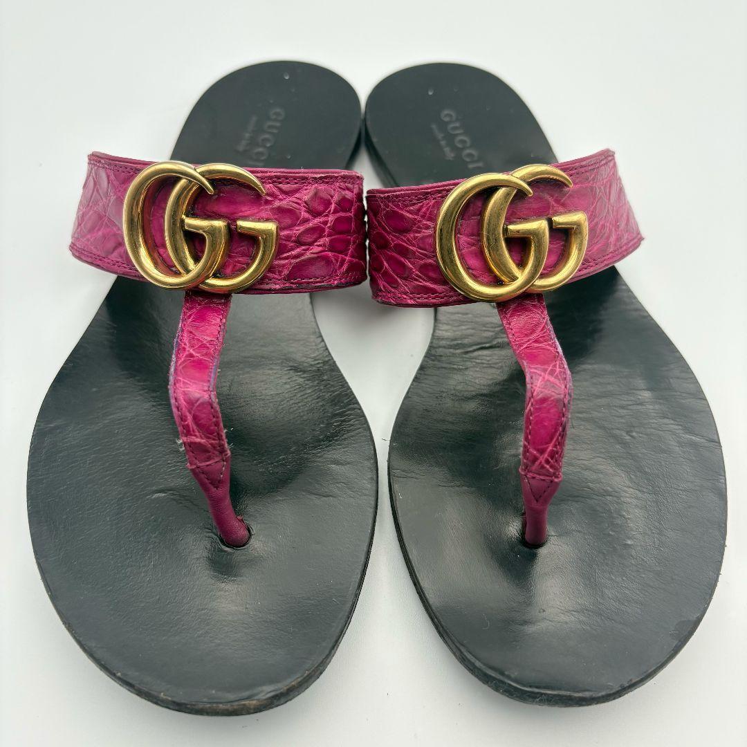 グッチ　GGマーモント　クロコ　レザー　トングサンダル　ブラック　パープル