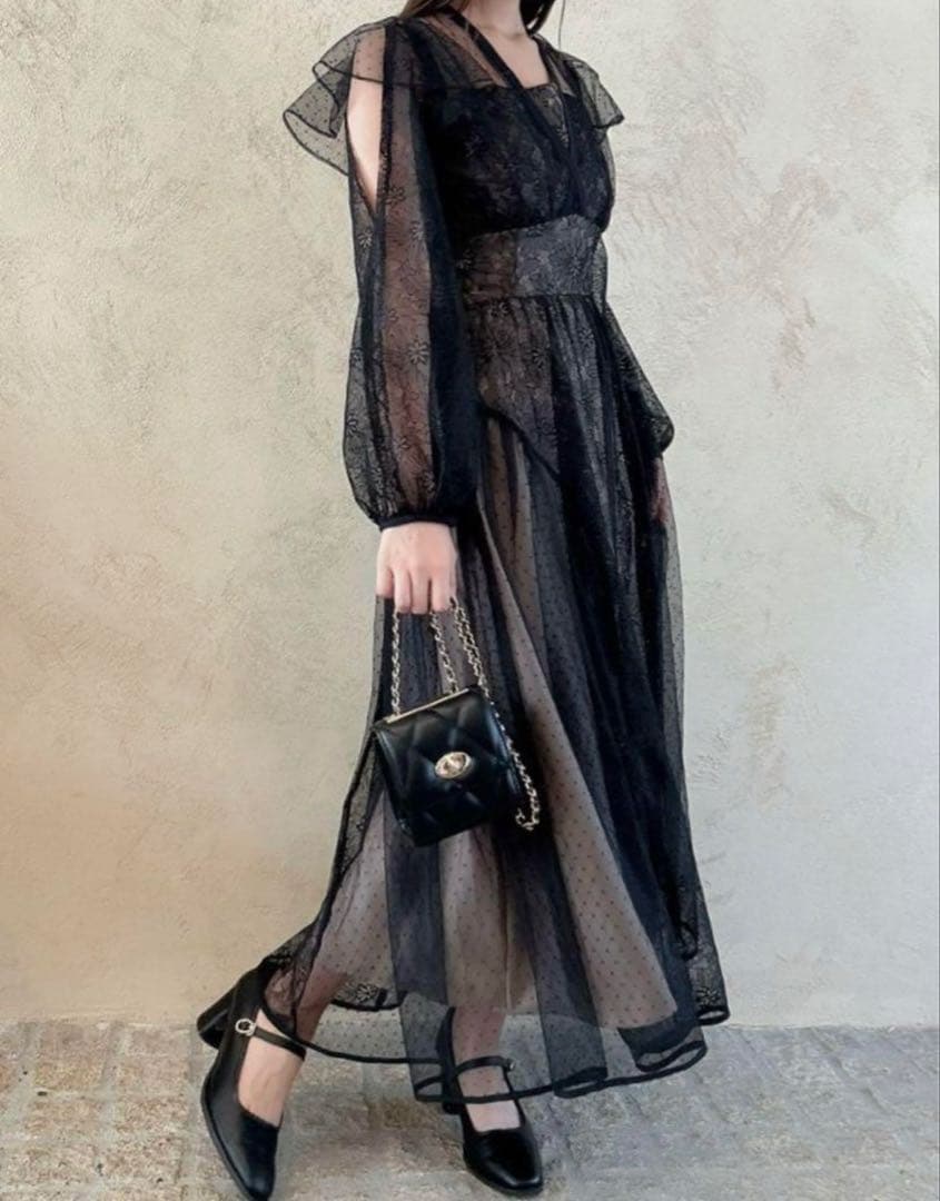 dazzlin/MIXレースドレス/ロングワンピース　ブラック　ドレスワンピース
