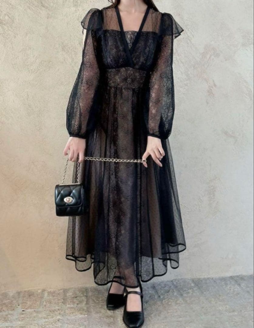 dazzlin/MIXレースドレス/ロングワンピース　ブラック　ドレスワンピース