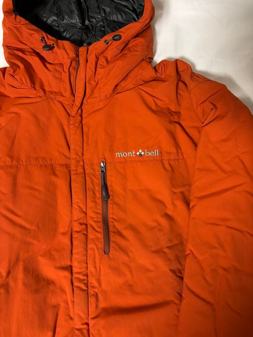人気モンベル725FP コロラドパーカ　メンズLリバーシブルダウンオレンジグレー