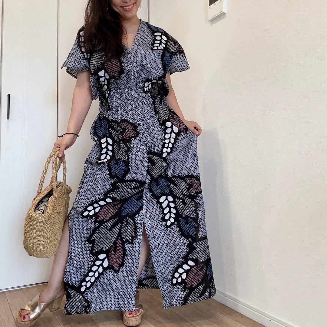浴衣　リメイク　有松絞り　ワンピース ハンドメイド　ロング　シンプル　紺　青