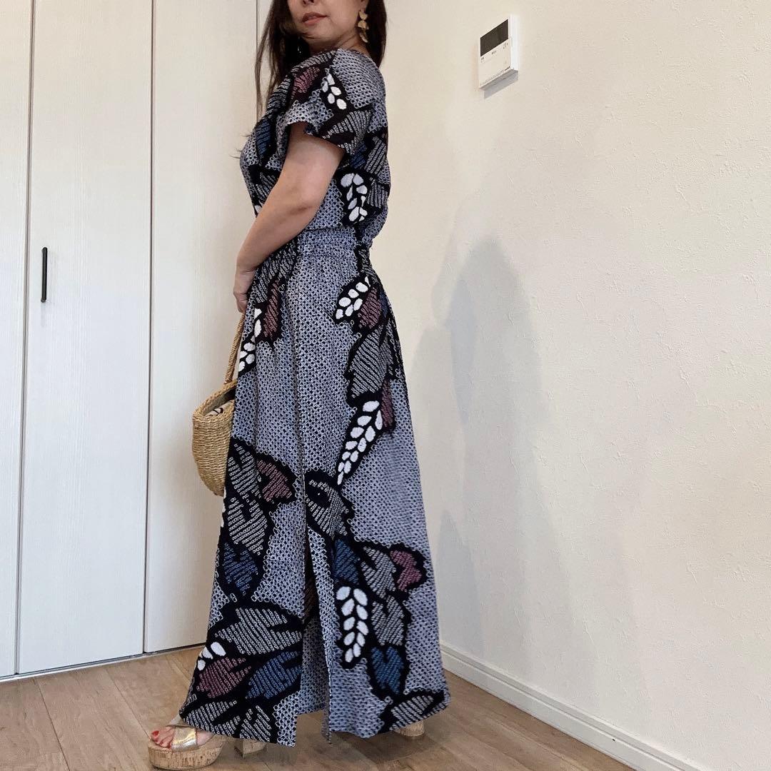 浴衣　リメイク　有松絞り　ワンピース ハンドメイド　ロング　シンプル　紺　青