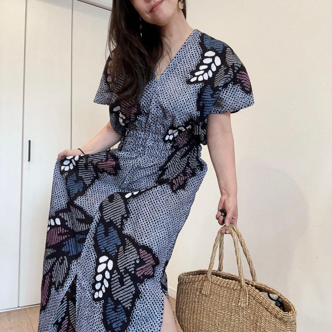 浴衣　リメイク　有松絞り　ワンピース ハンドメイド　ロング　シンプル　紺　青