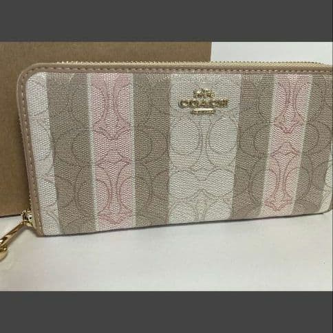 COACH ストライプ長財布 ベージュ ピンク