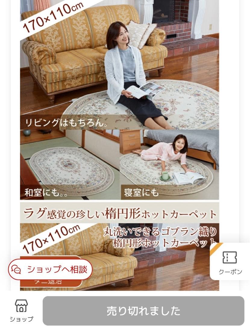 【美品】ホットカーペット / ラグ 楕円形 花柄 170x110cm