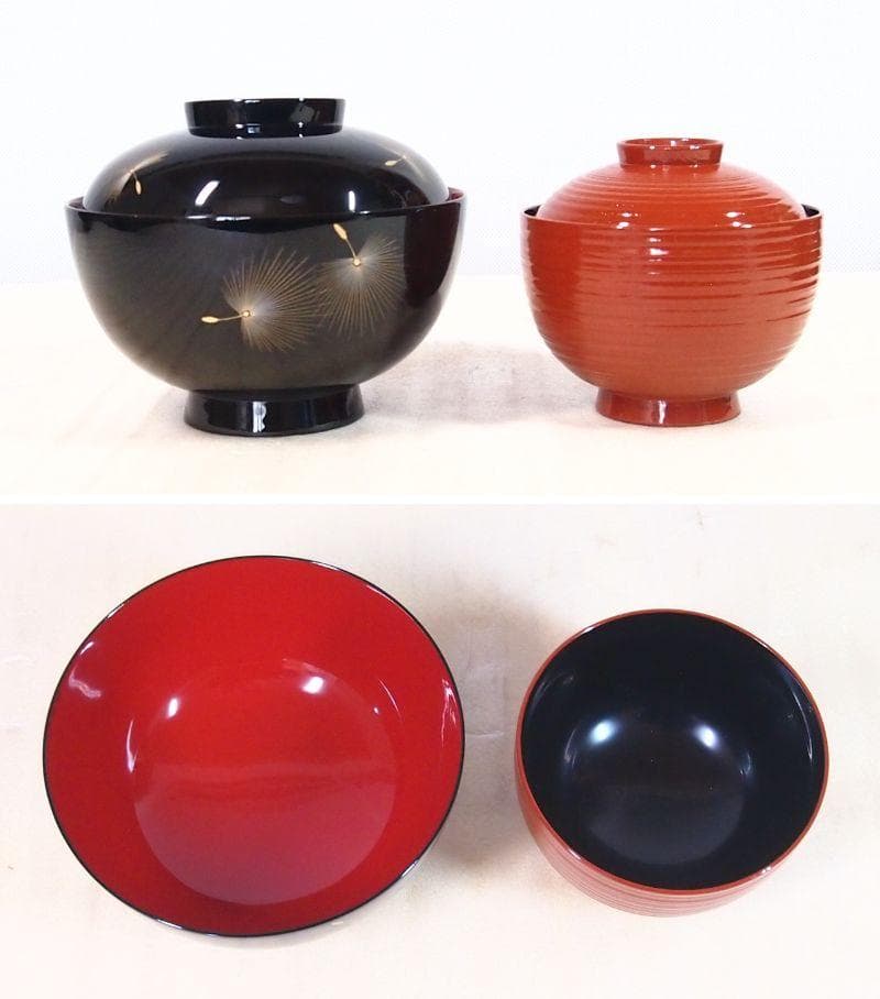 【未使用】輪島塗 元岡光漆堂 飛花沈金 雑煮椀 5客 煮物椀/大椀 食器/漆器