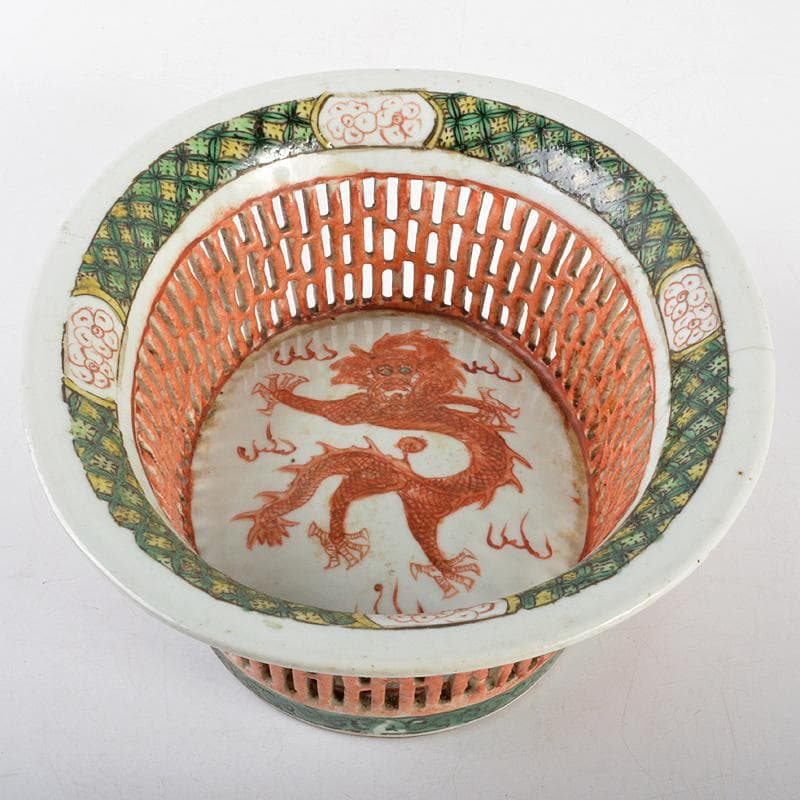したん　中国　赤絵　龍文　透かし鉢　M　R5394