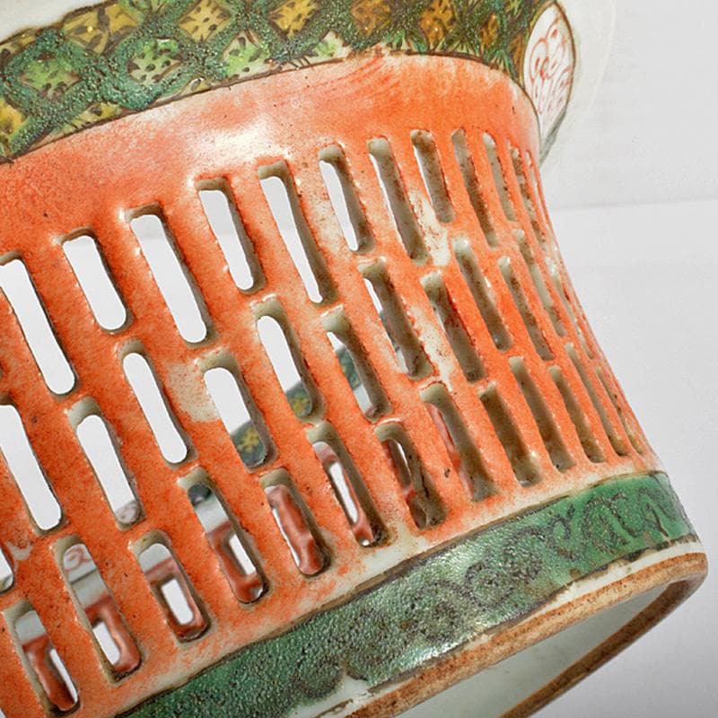 したん　中国　赤絵　龍文　透かし鉢　M　R5394