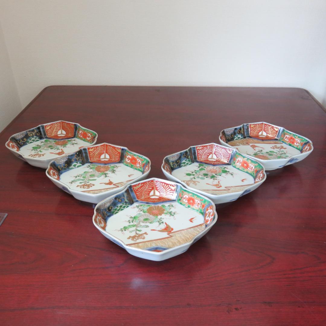 変形皿 蝶 菊 色絵付け 九谷 古伊万里 金彩 5枚組