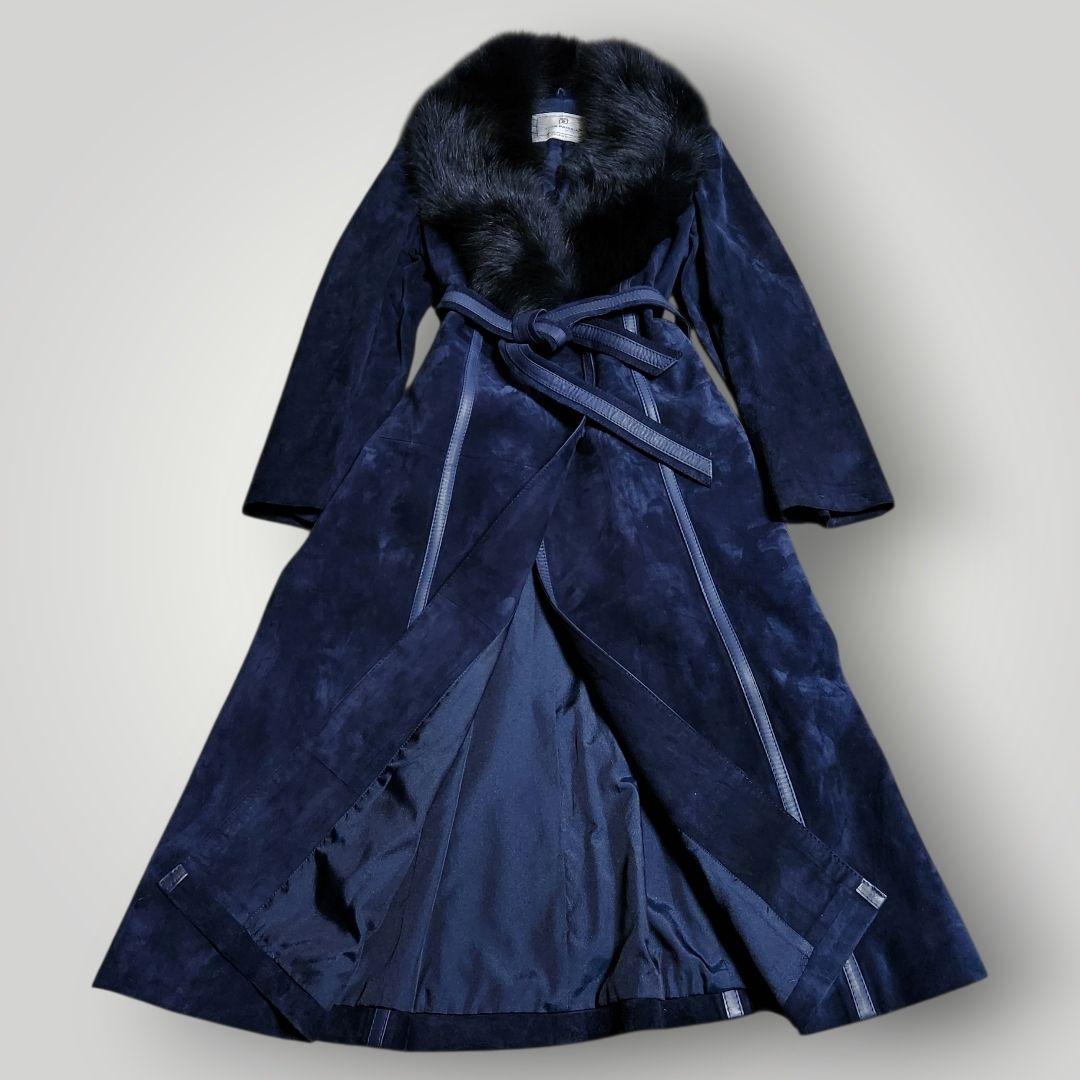 本革 スエード 112cmマキシ丈 ベルテッド ロングコート M ショールカラー