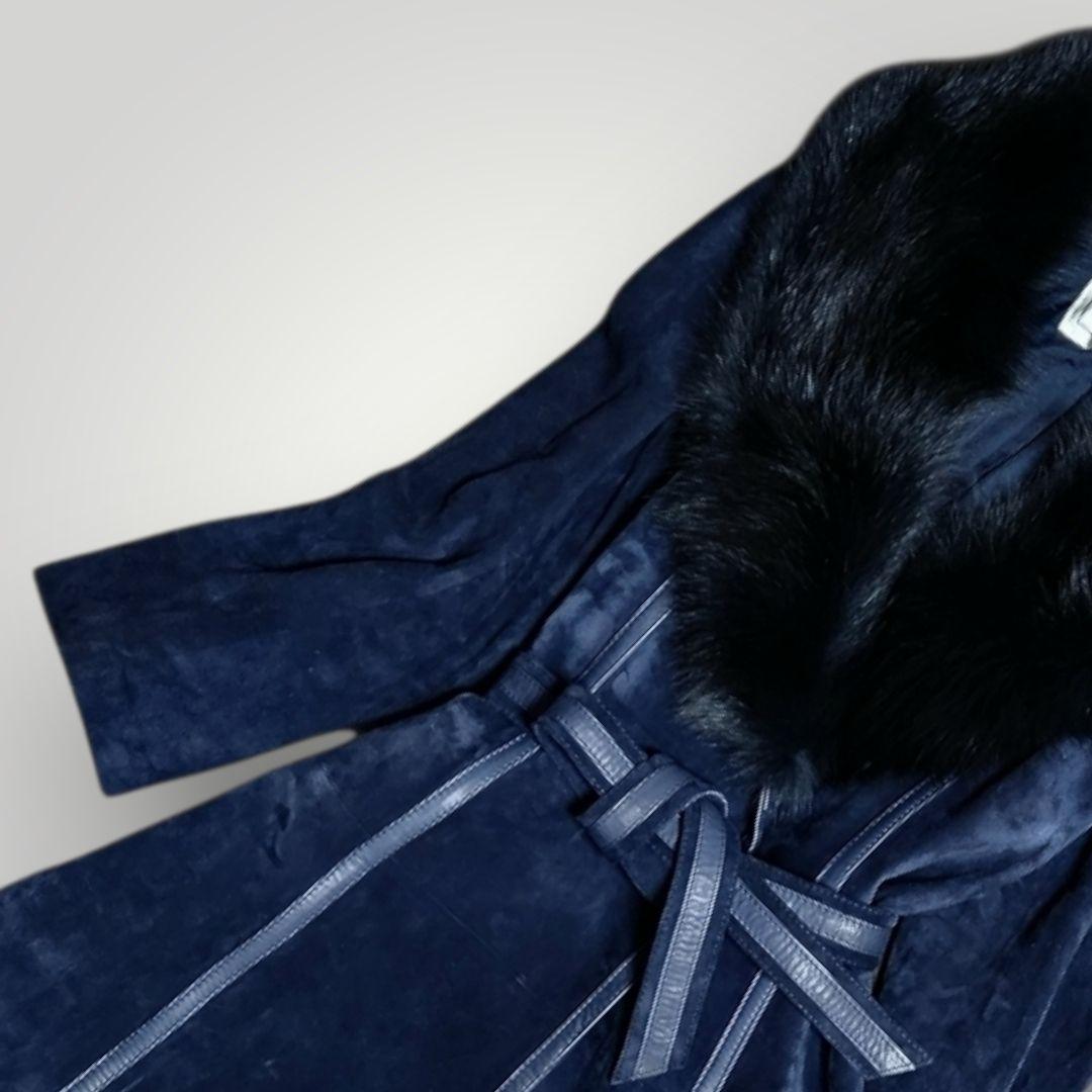 本革 スエード 112cmマキシ丈 ベルテッド ロングコート M ショールカラー