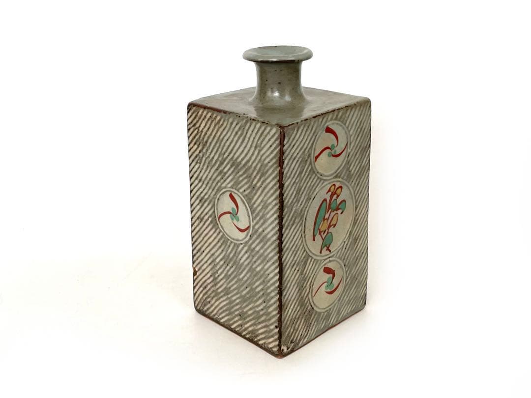 陶芸家　人間国宝　島岡達三　象嵌赤絵　方壺　角瓶　花瓶　花入　縄文象嵌　共箱