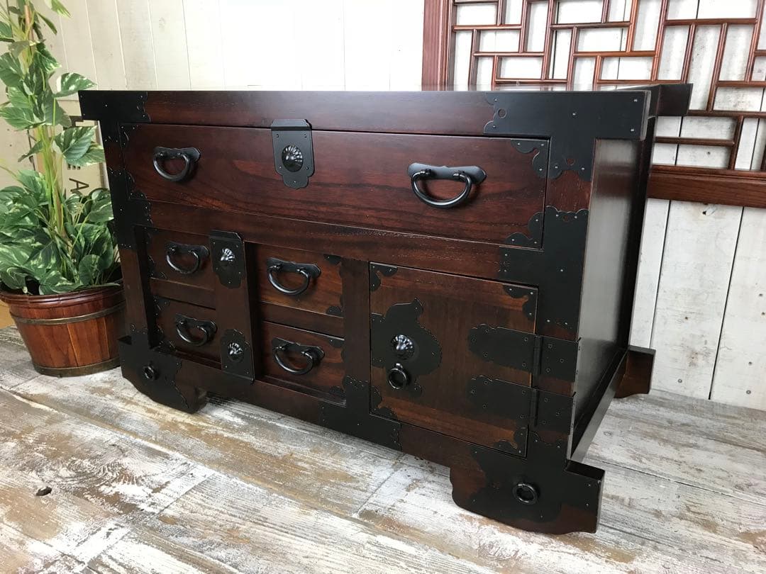 民芸家具からくり車タンス L木製桐材天然無垢飾り棚収納チェスト箪笥隠し引き付き