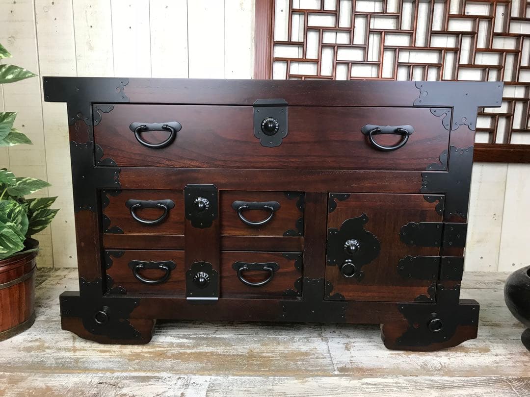 民芸家具からくり車タンス L木製桐材天然無垢飾り棚収納チェスト箪笥隠し引き付き