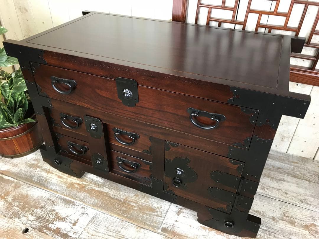 民芸家具からくり車タンス L木製桐材天然無垢飾り棚収納チェスト箪笥隠し引き付き