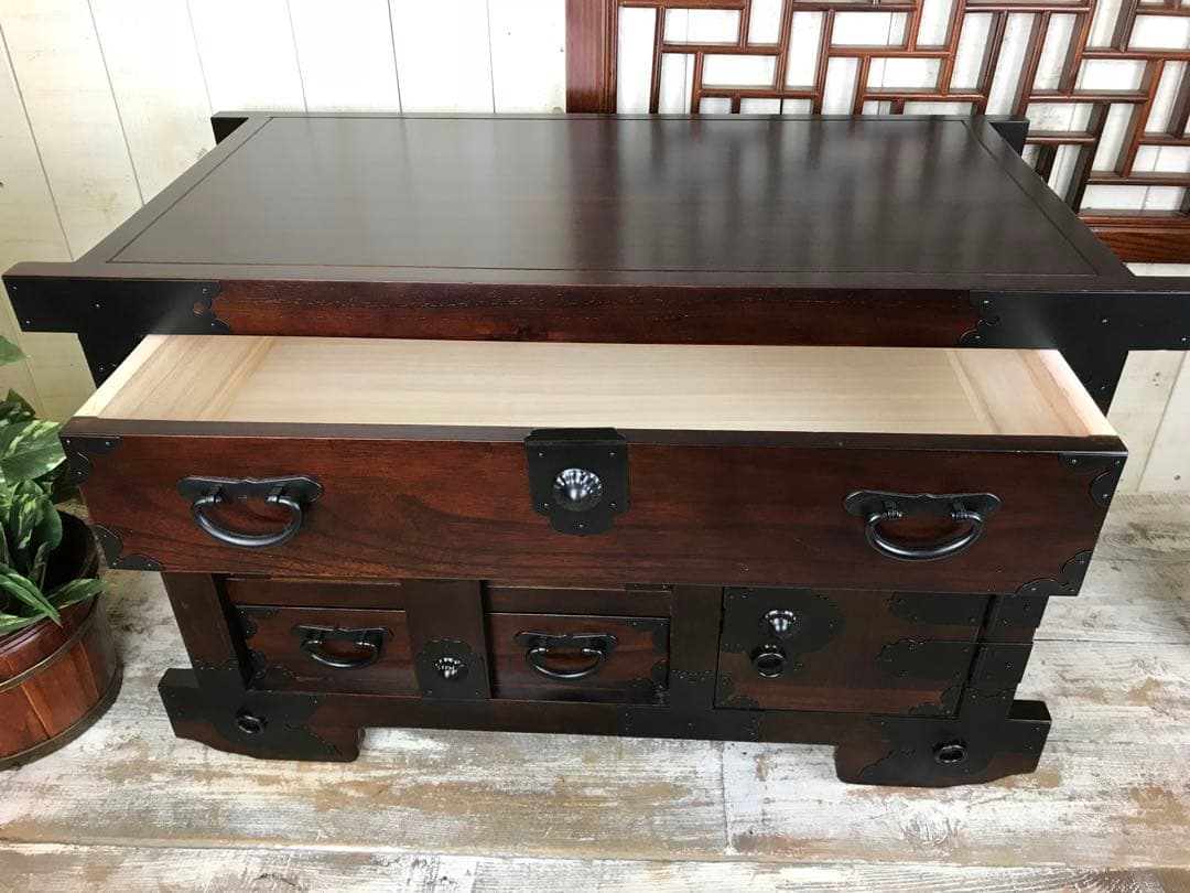 民芸家具からくり車タンス L木製桐材天然無垢飾り棚収納チェスト箪笥隠し引き付き