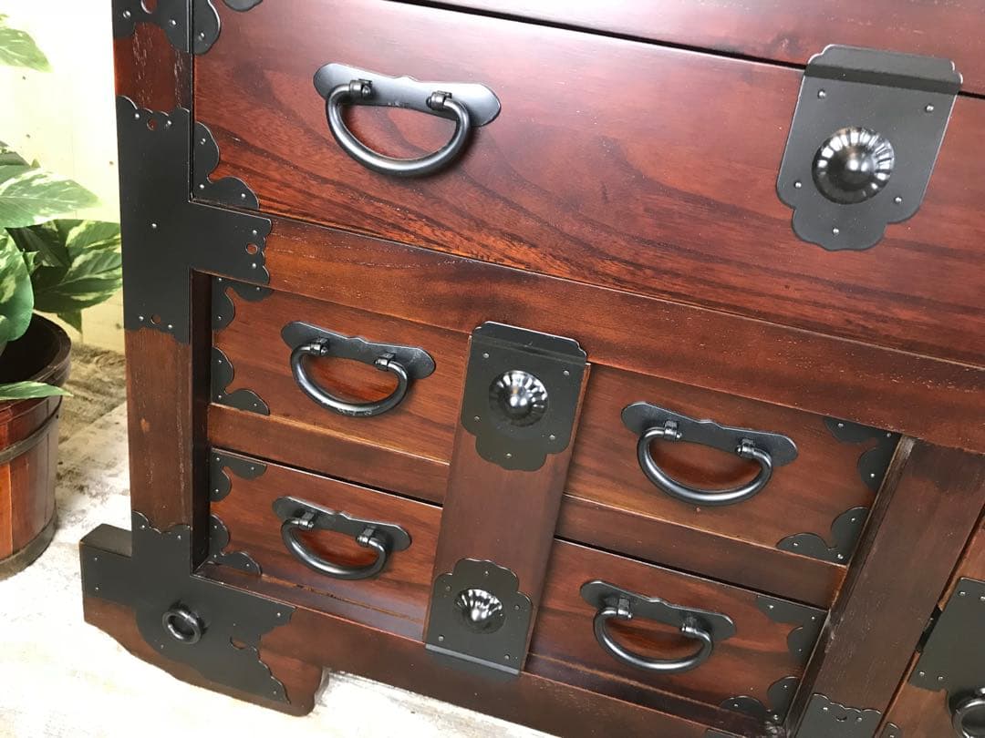 民芸家具からくり車タンス L木製桐材天然無垢飾り棚収納チェスト箪笥隠し引き付き