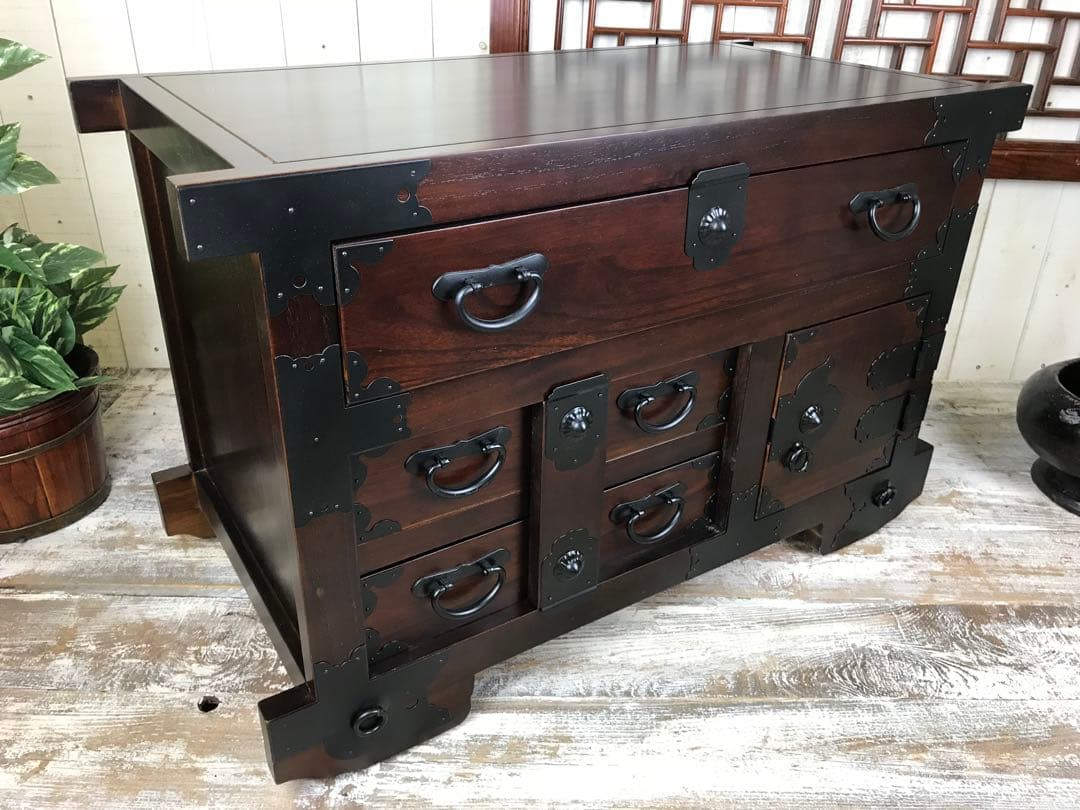 民芸家具からくり車タンス L木製桐材天然無垢飾り棚収納チェスト箪笥隠し引き付き