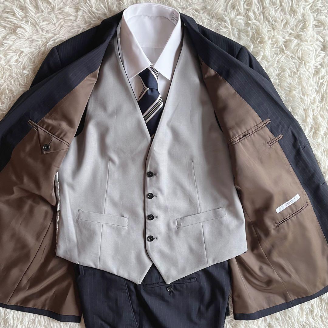 極美品✨五大陸　ピーター ジョンストン　スリーピーススーツ　ネイビー　ストライプ