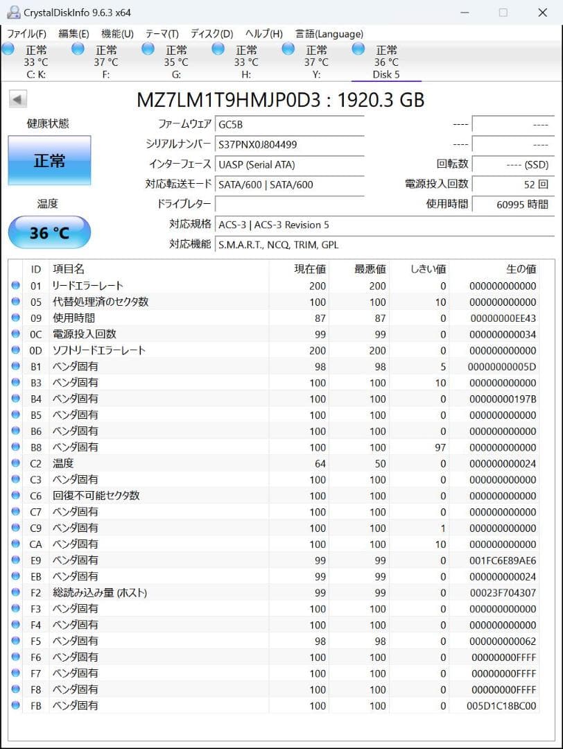 ⑤SAMSUNG 2.5インチSSD 1.92TB MZ-7LM1T9B 確認済