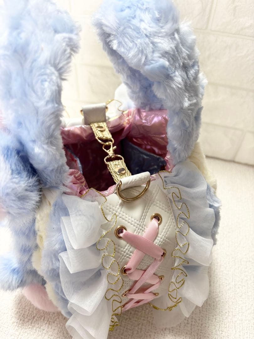 ゆ*ら様 コヤンイサムチョン　ハンドメイド　ファーフリルバッグ水色　ヒョウ柄　ハ