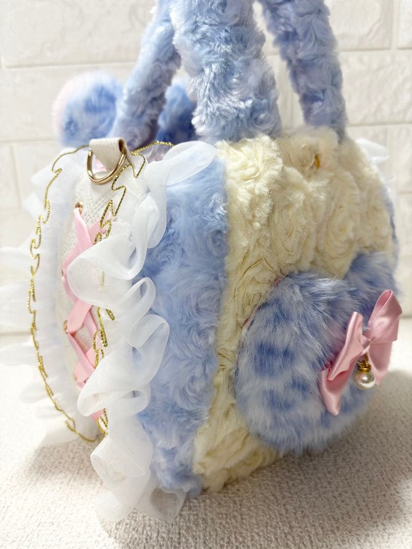 ゆ*ら様 コヤンイサムチョン　ハンドメイド　ファーフリルバッグ水色　ヒョウ柄　ハ