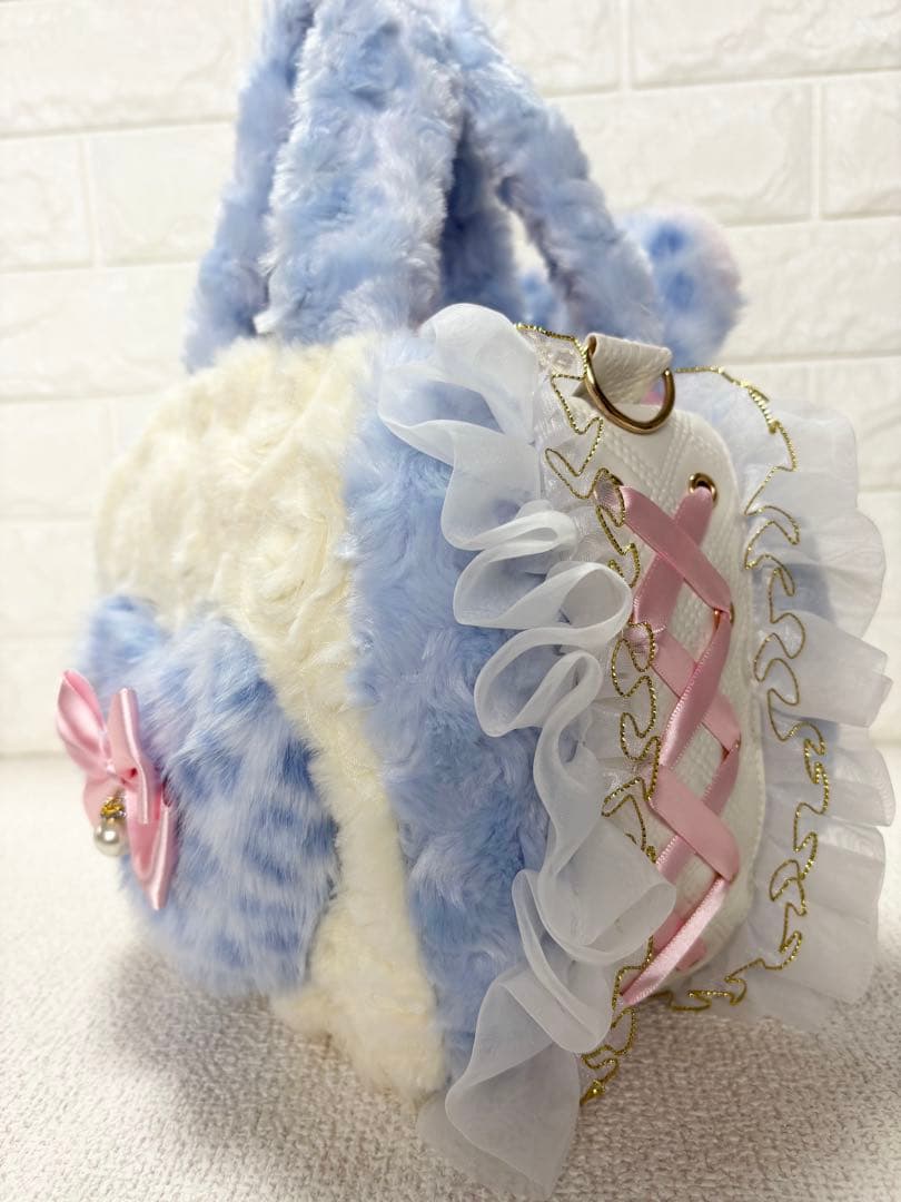 ゆ*ら様 コヤンイサムチョン　ハンドメイド　ファーフリルバッグ水色　ヒョウ柄　ハ