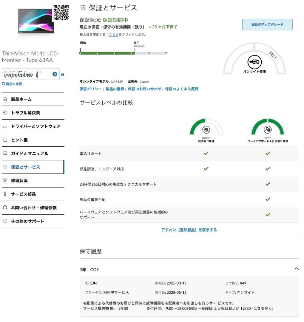 Lenovo ThinkVision M14d 保証28年５月まで