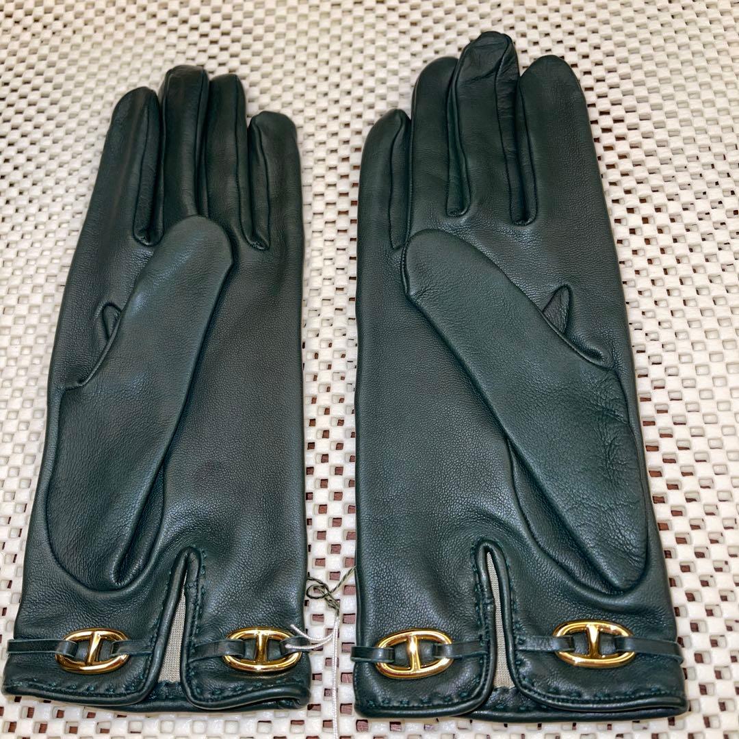 『未使用品』HERMESエルメス❣️シェーヌダンクル手袋❣️深緑色にゴールド金具